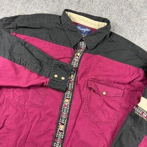 Wrangler Western Shirt Mens XL Burgundy Black Aztec Pearl Snap Colorblock